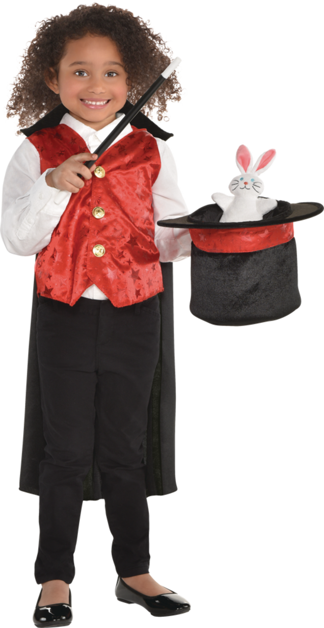 Costume de magicien, enfants, tenue noir/rouge avec  veste/cape/chapeau/baguette, taille universelle