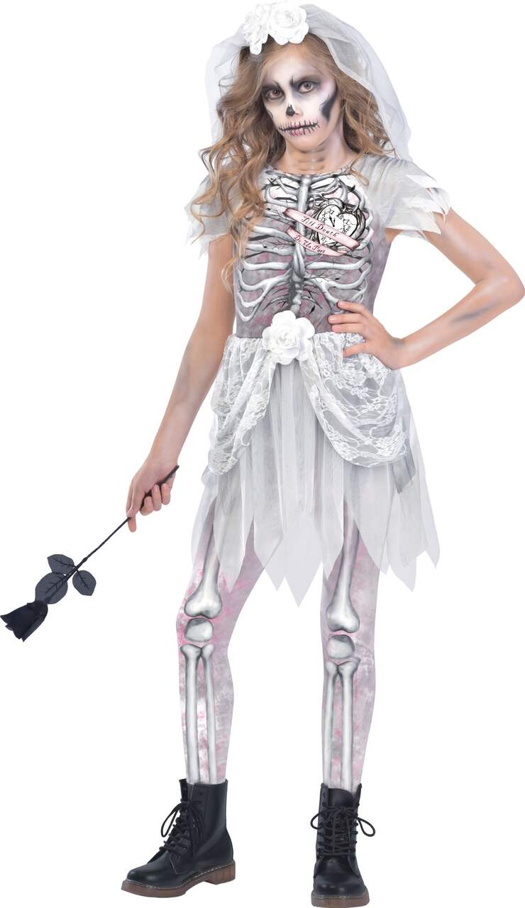 Kids' Skeleton Bride White Dress with Leggings/Headband/Veil