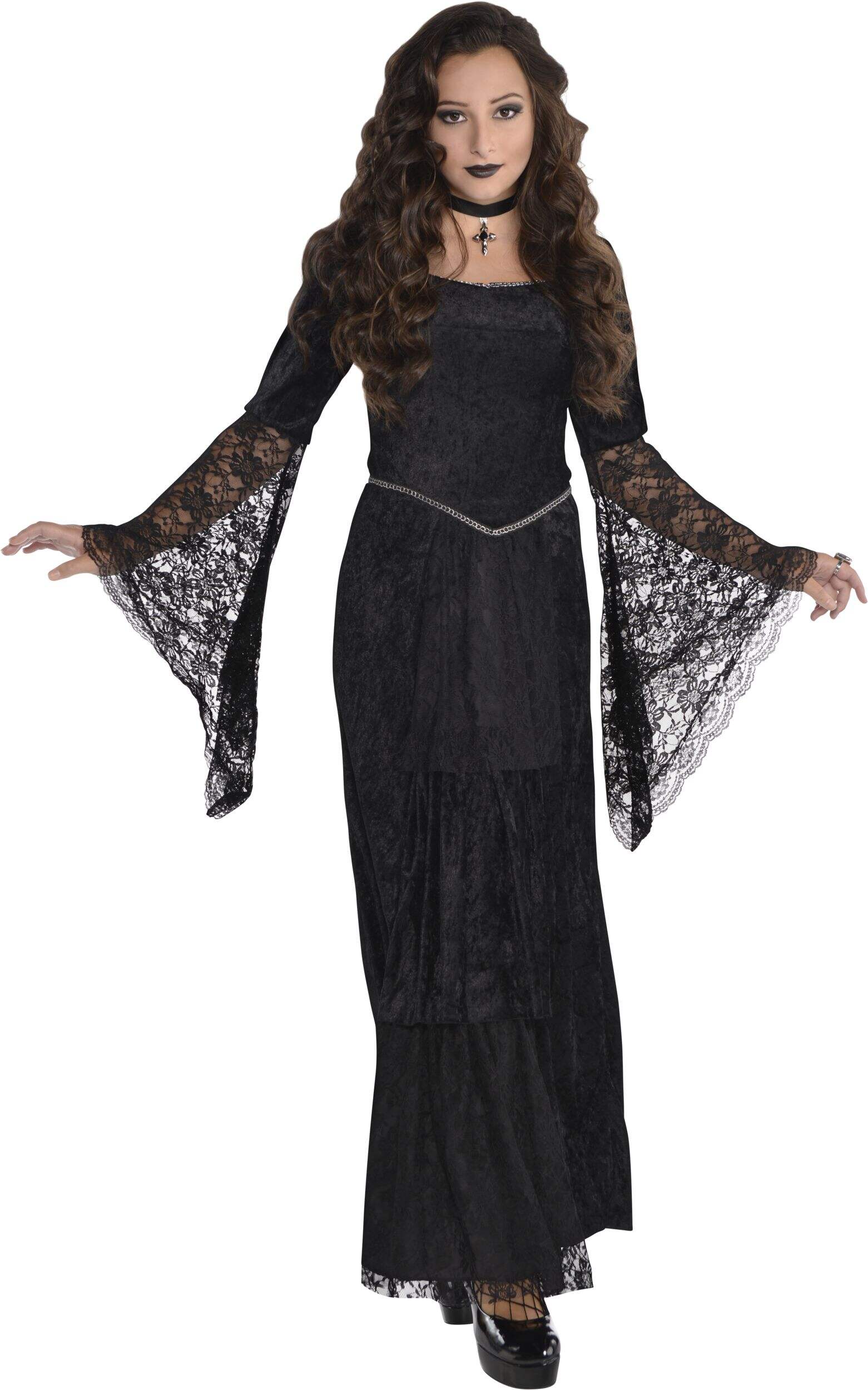 Kids' Gothic Temptress Black Dress with Necklace Halloween Costume, Assorted Sizes Front_Angled_Right