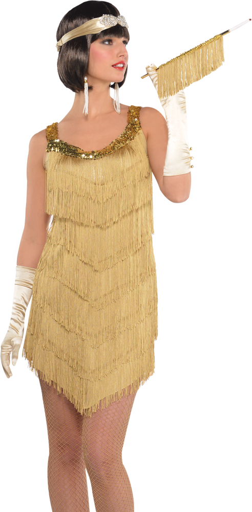 Womens Charleston Flapper Gold Decades Fringe Dress Halloween Costume One Size Party City 