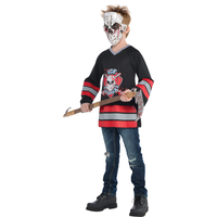 Costume de joueur de hockey, enfants, chandail ensanglanté noir/rouge avec masque, tailles variées Front_Three_Fourths_Angled_Left
