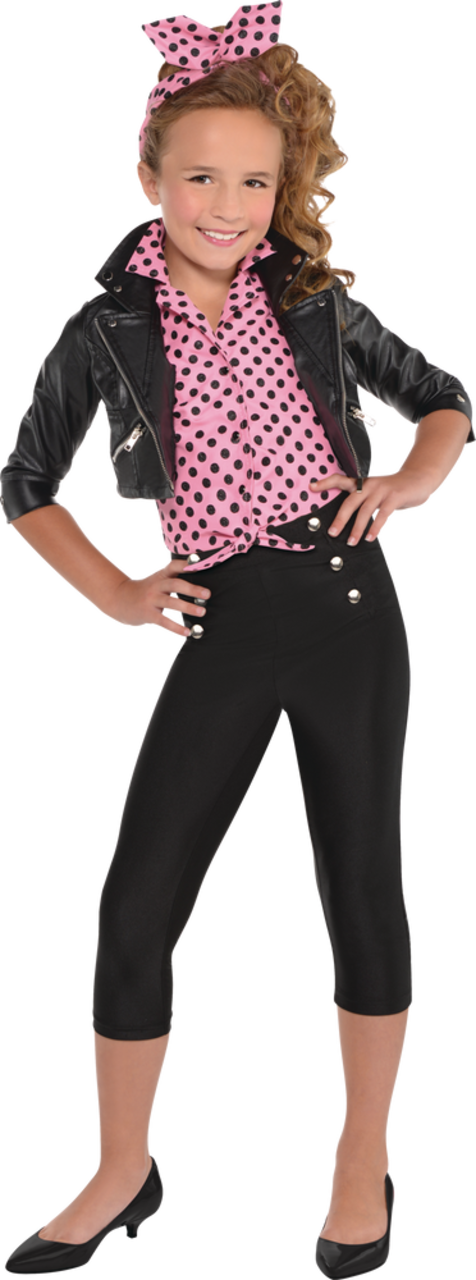 Kids Grease Sandy Pink Black Outfit with Shirt Jacket Pants Headband Halloween Costume Assorted Sizes