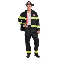Costume de pompier, hommes, tenue noire avec manteau/pantalon/chapeau/bretelles, tailles variées Front_Flat