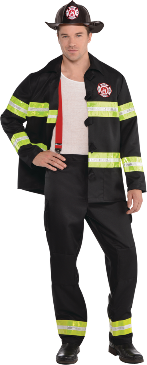 Costume d'uniforme de pompier pour homme, capitaine des pompiers, bretelles  noires, tenue de fête d'Halloween taille XS : : Mode