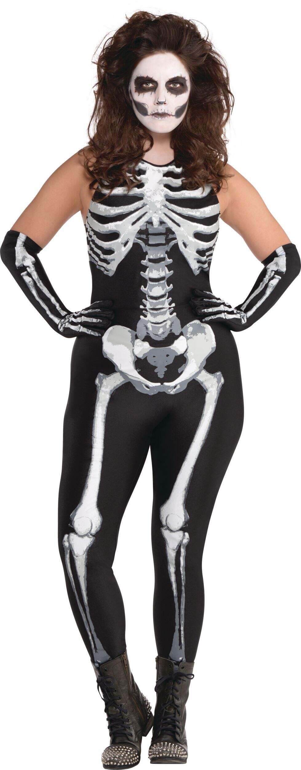 Costume de squelette aux rayons X, femmes, combinaison noir/blanc avec gants, grande taille Front_Flat