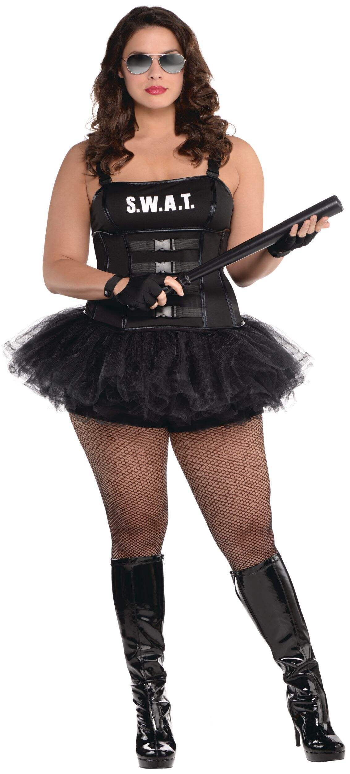 Women's S.W.A.T Officer Black Outfit with Corset/Tutu/Shorts/Gloves Halloween Costume, Plus Size Front_Flat