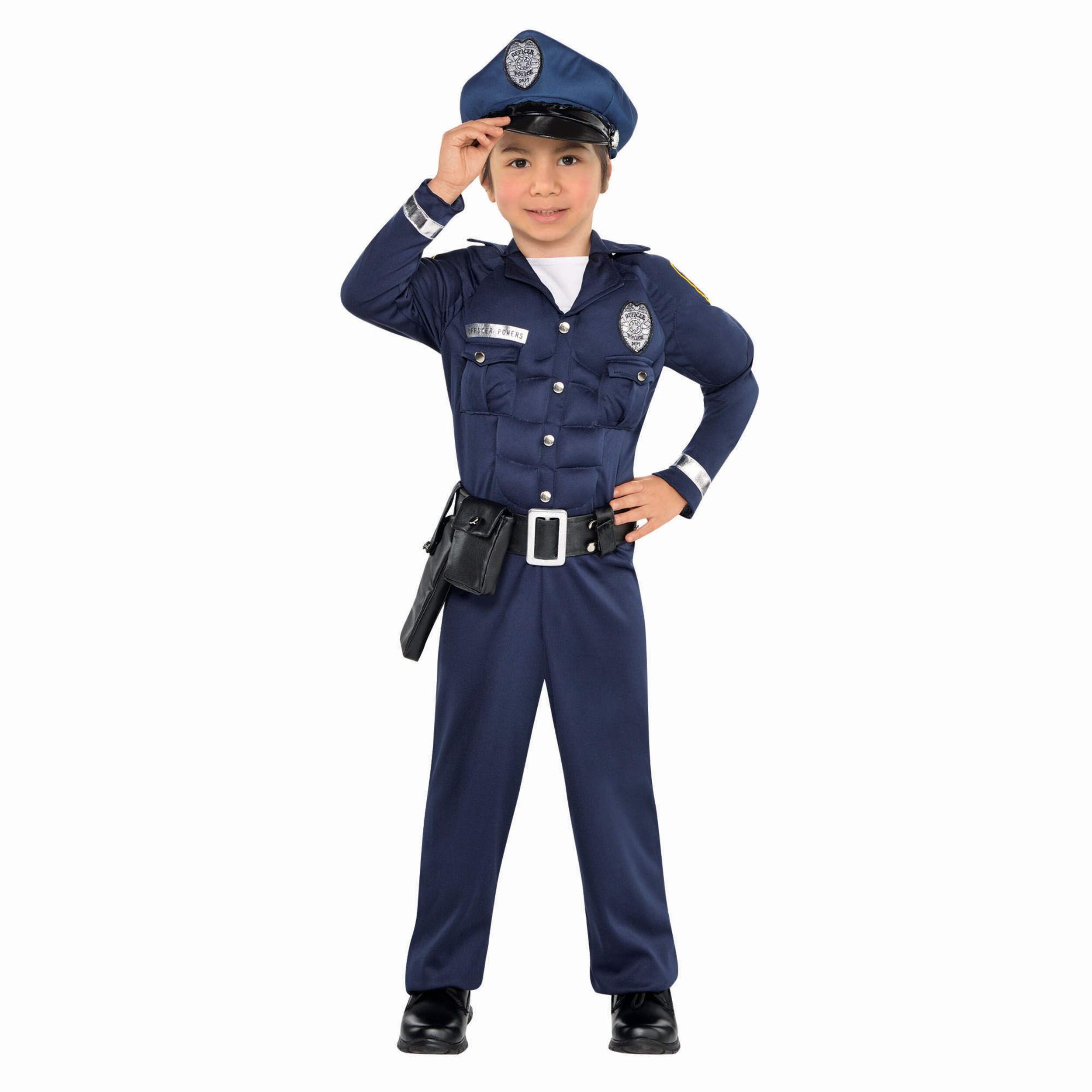 Costume de policier, enfants, combinaison rembourrée bleue avec chapeau et ceinture, petit Front_Flat