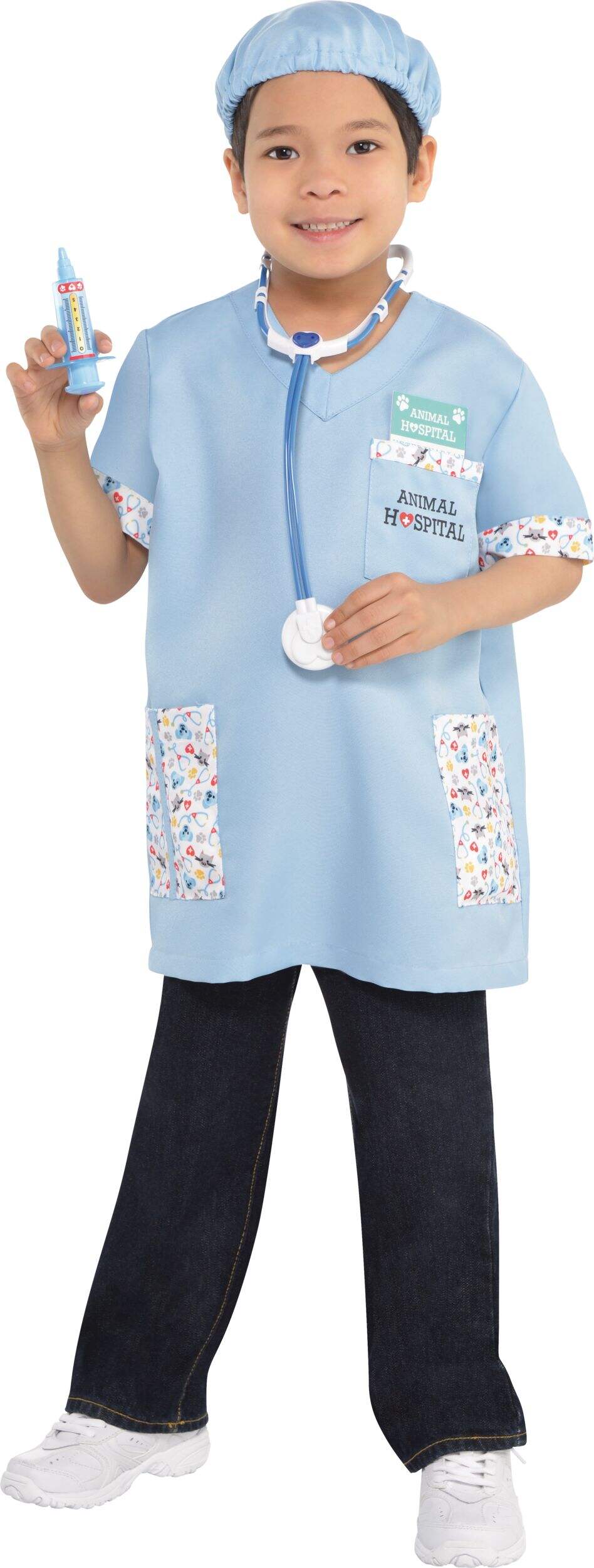 Kids' Veterinarian Blue Scrubs with Shirt/Hat/Stethoscope/Syringe Halloween Costume, Small Front_Angled_Left