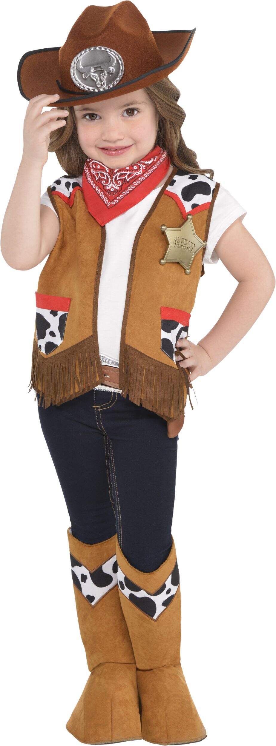 Kids' Cowboy Sheriff Brown Outfit with Vest/Badge/Bandana/Boot Covers Halloween Costume, Small Front_Flat