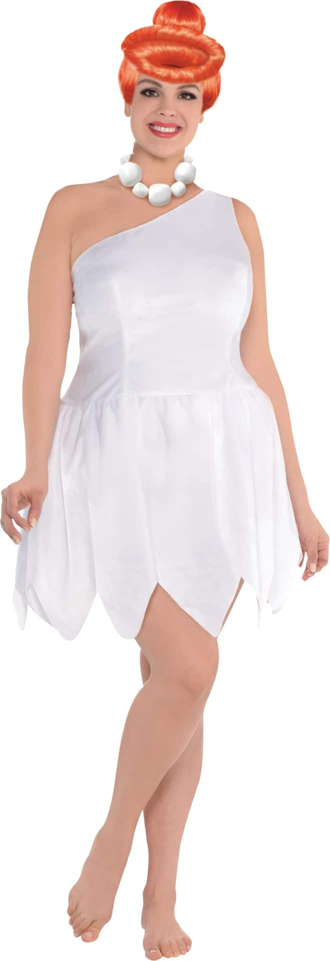 Womens The Flintstones Wilma White Dress With Necklace And Wig Halloween Costume Plus Size 