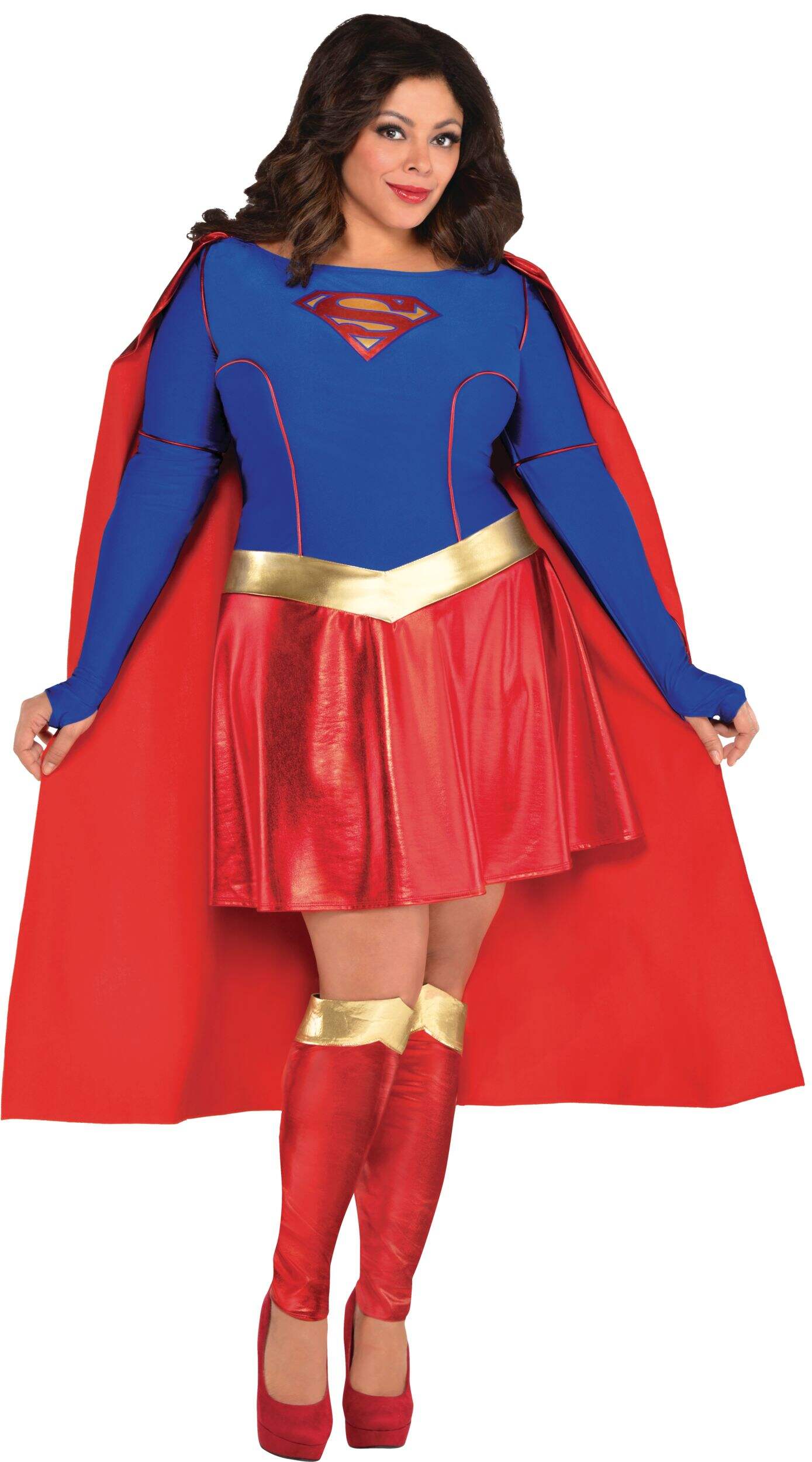 Women's DC Supergirl Blue/Red Dress with Cape & Leg Warmers Halloween Costume, Plus Size Front_Flat