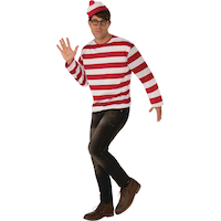 Costume Où est Charlie?, hommes, tenue rayée rouge/blanc avec chemise/chapeau/lunettes, taille universelle Front_Angled_Left