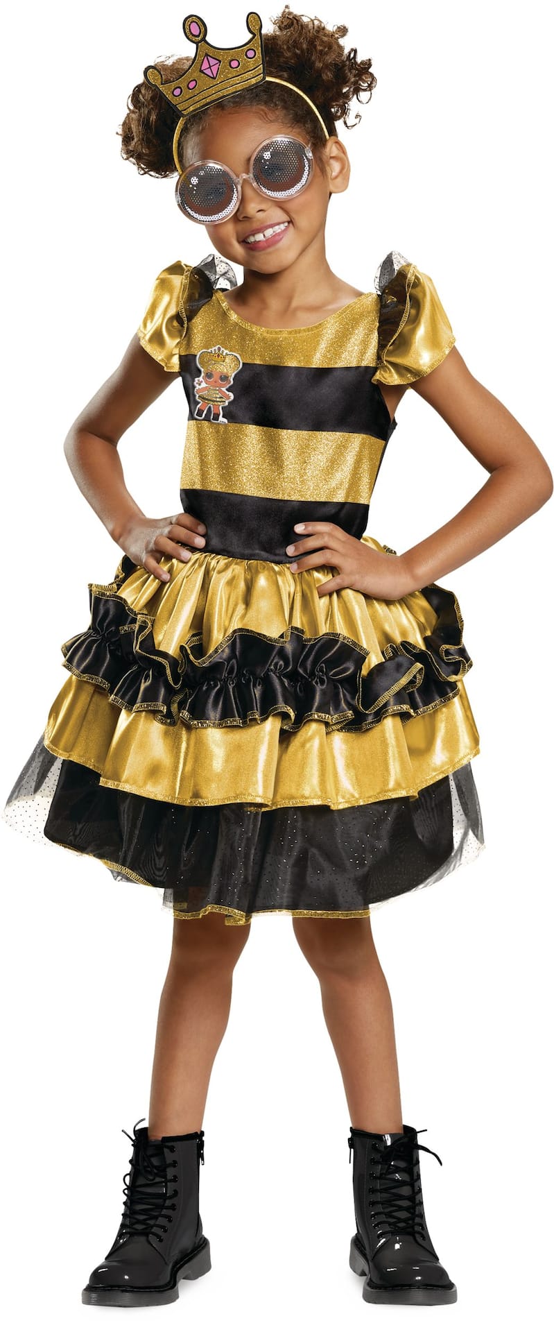 Kids L.O.L. Surprise Queen Bee Gold Black Striped Dress with Crown Glasses Halloween Costume Assorted Sizes Party City