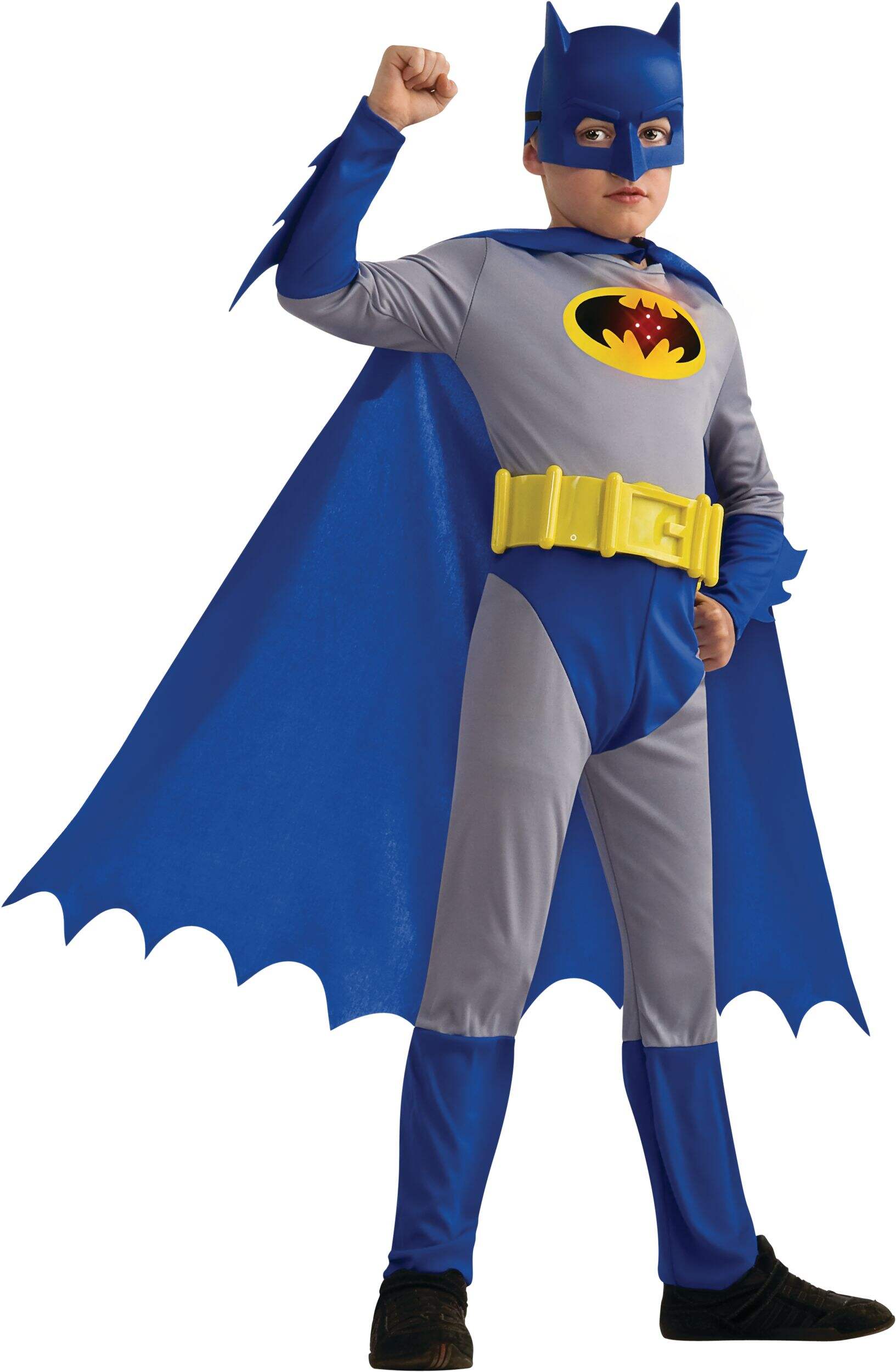 Kids' DC Batman Blue Jumpsuit with Boot Covers/Cape/Belt/Mask Halloween Costume, Small Front_Angled_Right