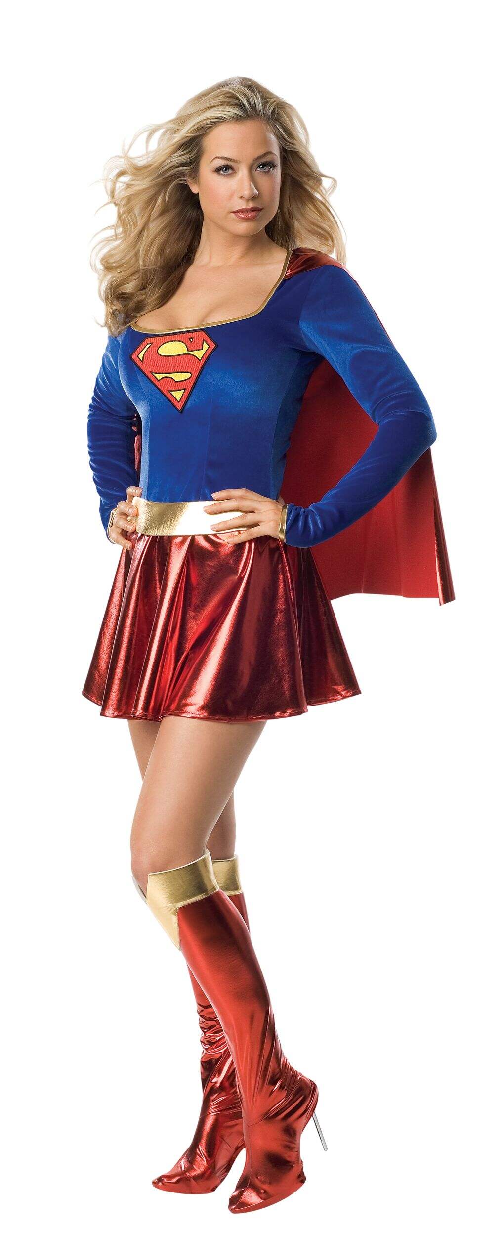 Women's DC Supergirl Blue/Red Dress with Cape & Boot Covers Halloween Costume, Large Front_Three_Fourths_Angled_Left
