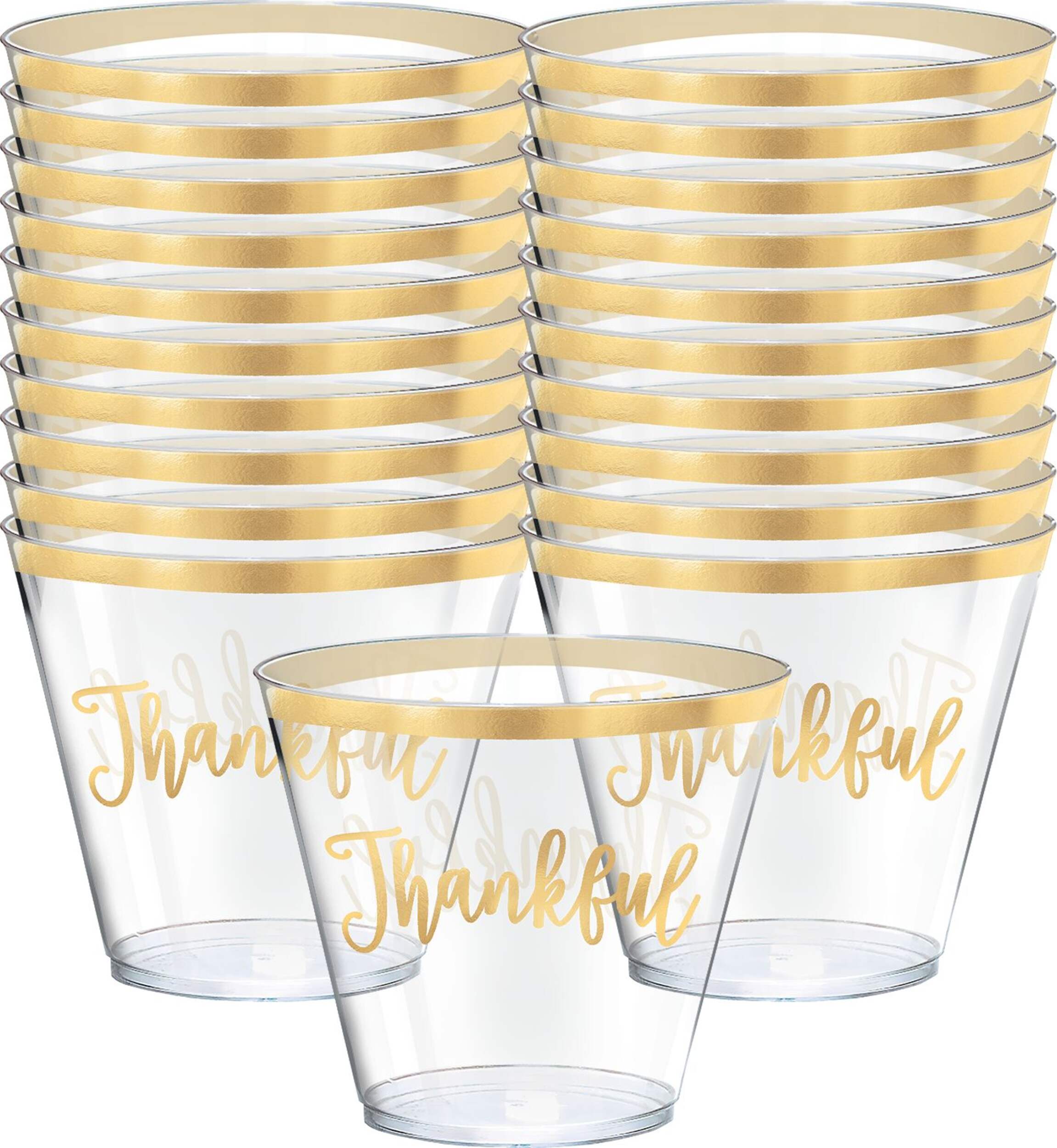 "Thankful" Plastic Reusable Plastic Tumbler Cups, Clear/Gold, 9-oz, 30-pk, for Thanksgiving Front_Elevated