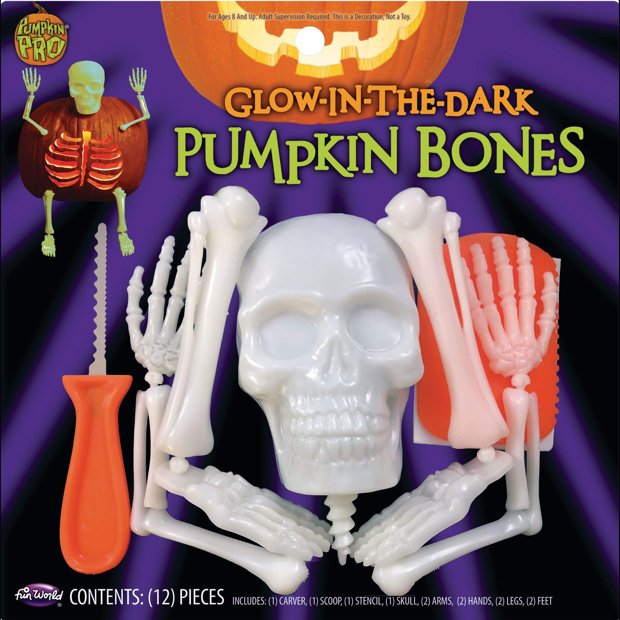 Glow-In-The-Dark Pumpkin Carving Skeleton Kit, White, 9-in, 7-pk, Indoor/Outdoor Decoration for Halloween Front_Flat