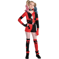 Kids' DC Birds of Prey Harley Quinn Red/Black Jumpsuit with Necklace/Gloves/Leg Warmers Halloween Costume, Assorted Sizes Front_Angled_Right