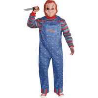 Men's Child's Play Chucky Blue Outfit with Shirt & Mask Halloween Costume, Assorted Sizes Front_Flat