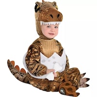 Infant T-Rex Dinosaur Brown Jumpsuit with Hood Halloween Costume, Assorted Sizes Front_Three_Fourths_Angled_Right