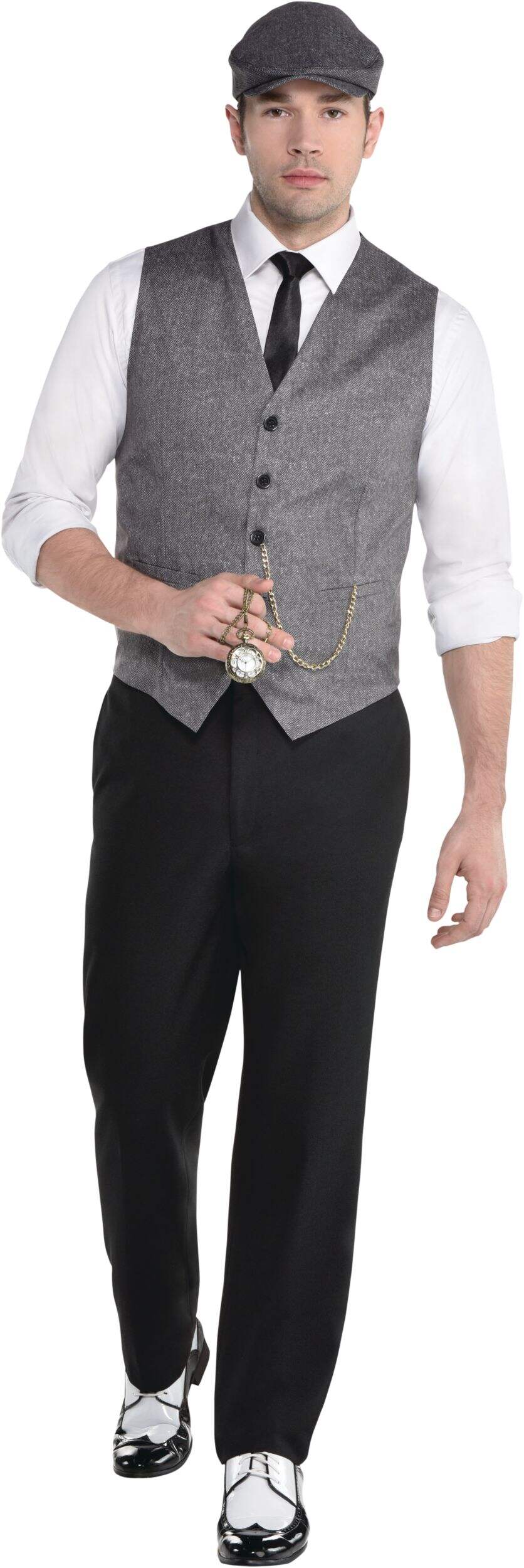 Men's Grey Decades Suit with Vest/Tie/Hat, Halloween Costume, Assorted Sizes Front_Flat