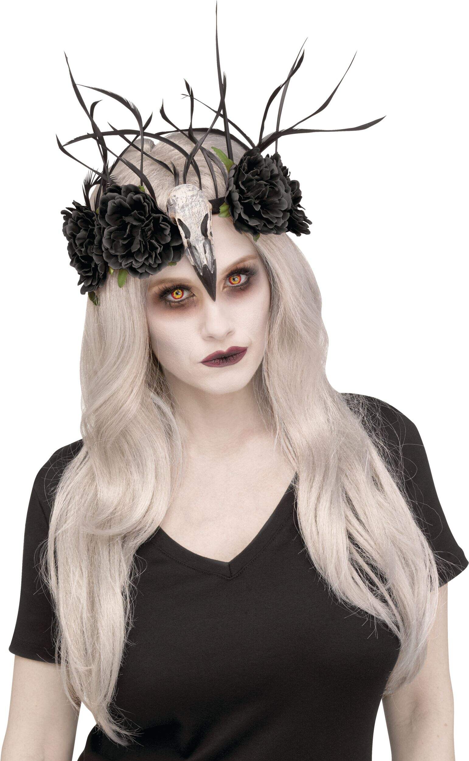 Serre-tête en couronne de fleurs avec crâne de corbeau, maîtresse zombie, noir, taille unique, accessoire de costume à porter pour l'Halloween Front_Angled_Right