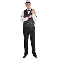 1920s Gangster Vest with Chain, Black Pinstripe, Assorted Sizes, Wearable Costume Accessory for Halloween