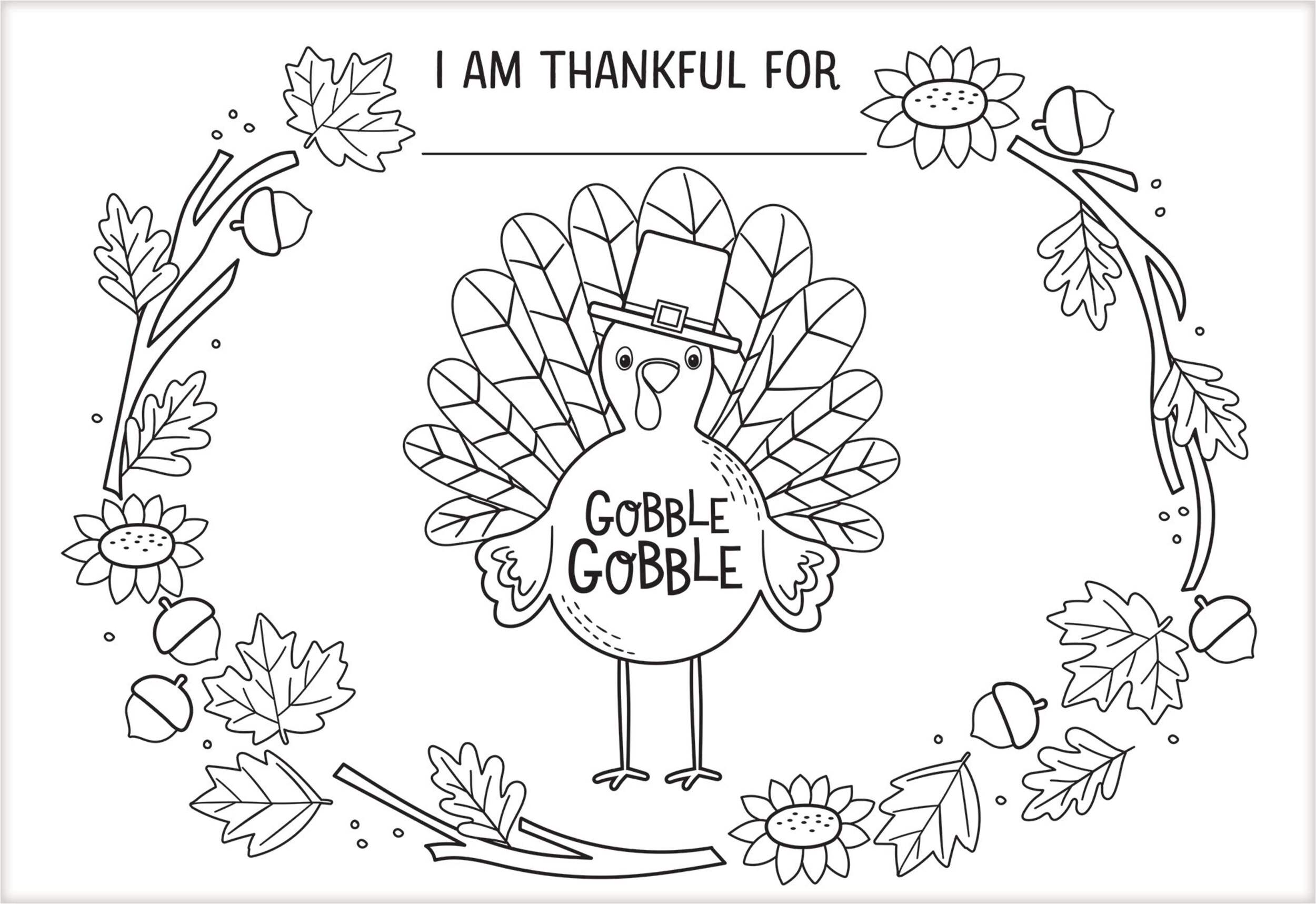 "I am Thankful For" Turkey Rectangle Customizable DIY Colouring Paper Placemats, White, 11-in, 24-pk, for Thanksgiving Front_Flat