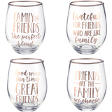 "Friends are the Family we Choose" Plastic Reusable Stemless Wine Glasses, Clear/Rose Gold, 15-oz, 4-pk, for Thanksgiving Front_Elevated