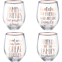"Friends are the Family we Choose" Plastic Reusable Stemless Wine Glasses, Clear/Rose Gold, 15-oz, 4-pk, for Thanksgiving Front_Elevated