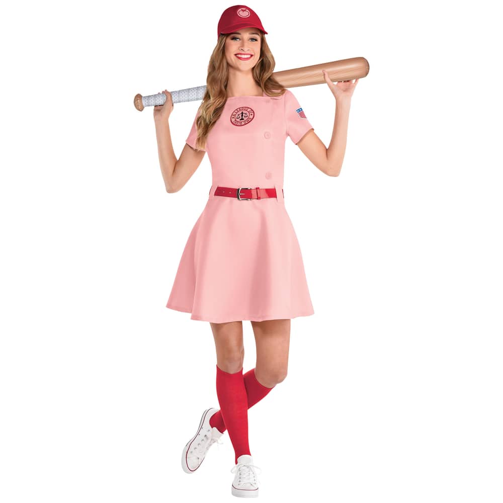 Women's A League of Their Own Rockford Peaches Pink Dress with Hat & Socks  Halloween Costume, Assorted Sizes