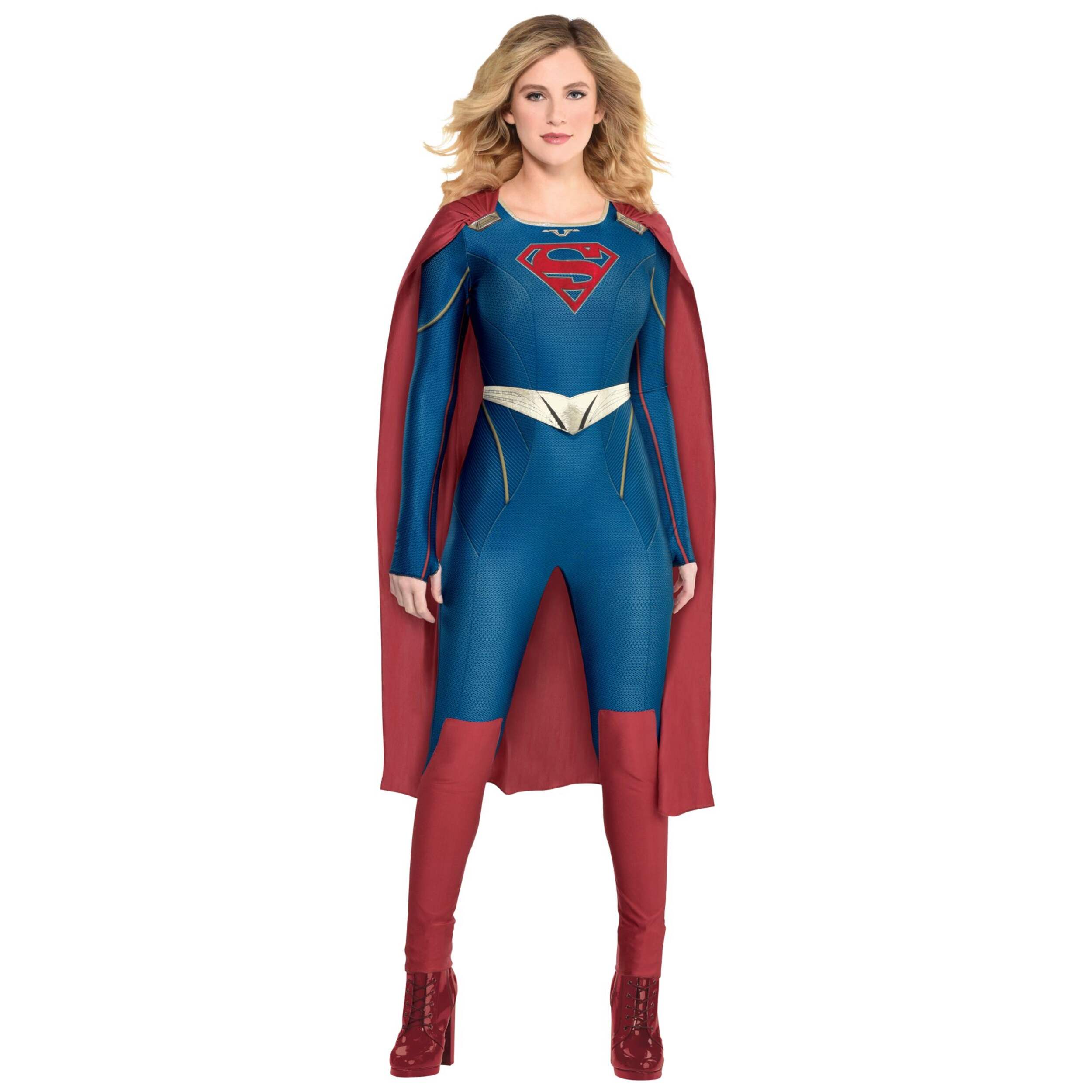 Women's DC SupermanSupergirl Blue/Red Jumpsuit with Cape Halloween Costume, XL Front_Flat