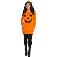 Women's Pumpkin Orange Dress with Headband Halloween Costume, Plus Size Front_Flat