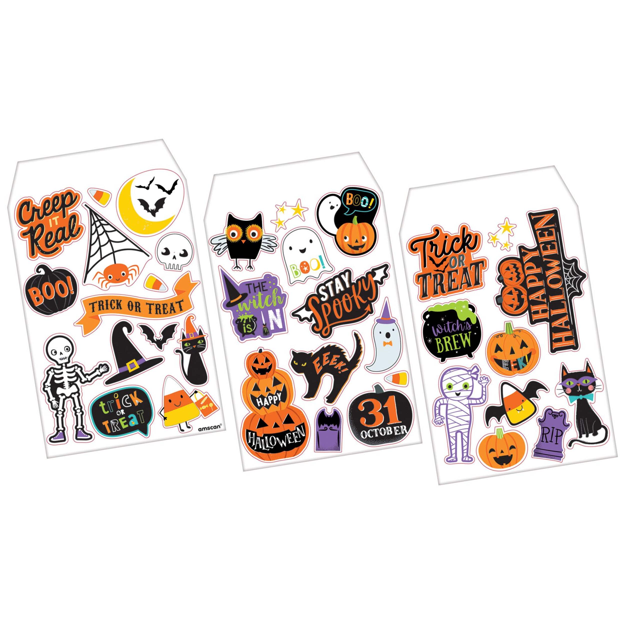 "Happy Halloween" Ghost/Pumpkin/Cat/Skeleton Assorted Wall Cling Decals, Multi-Coloured, 3-pk, Indoor Decoration for Halloween Front_Flat