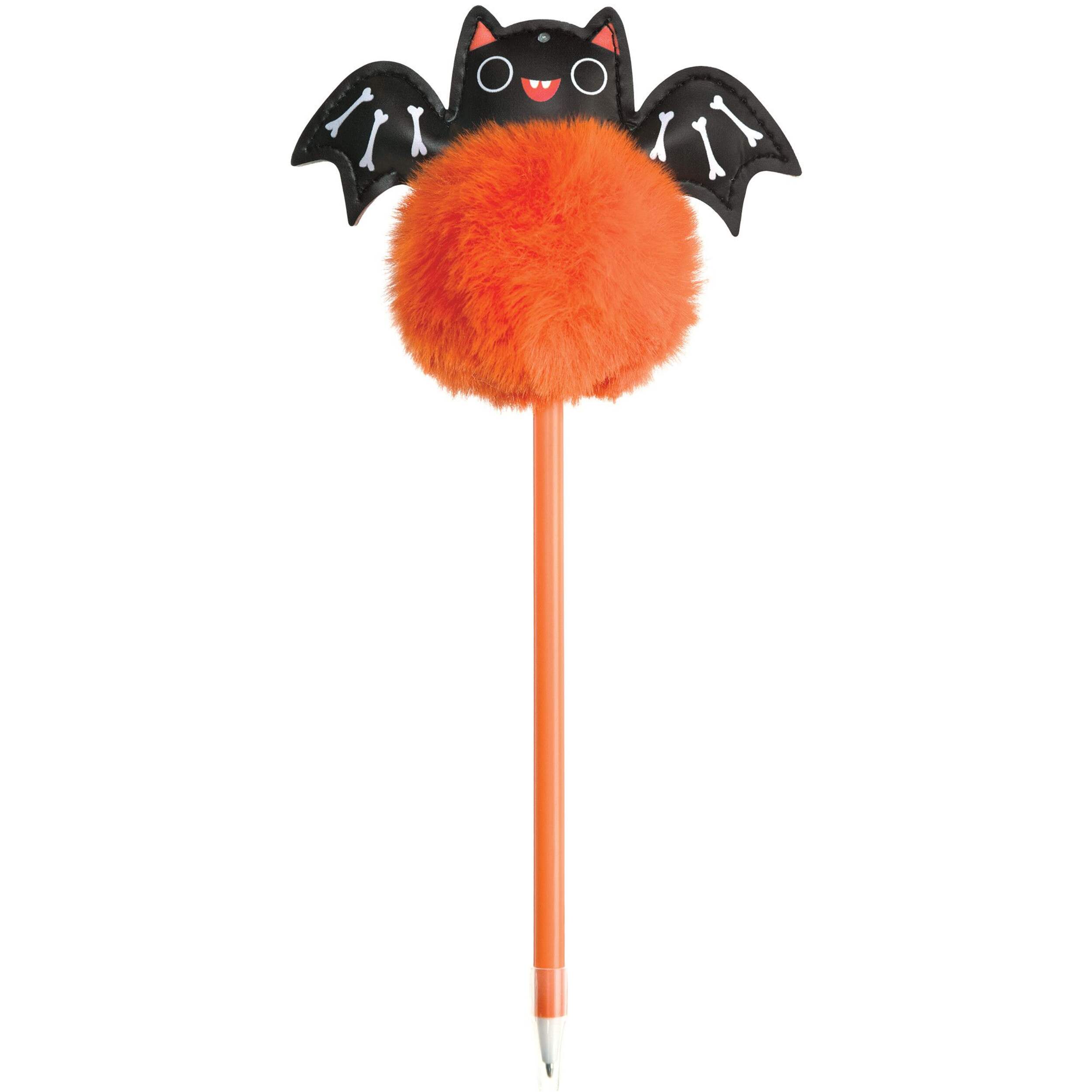 Bat Fluffy Puffy Topped Pen, Black/Orange, 5-in, for Halloween Front_Flat