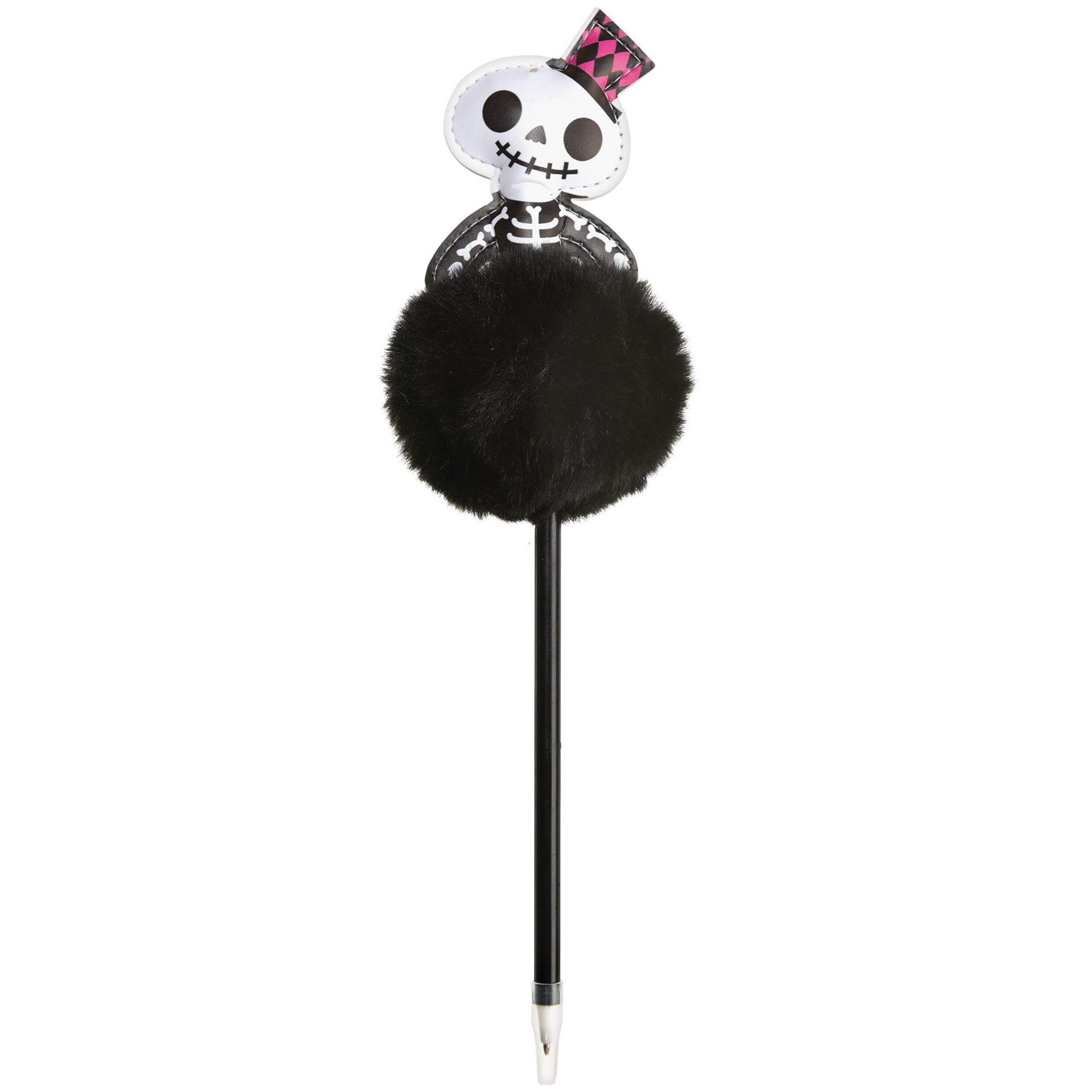 Skeleton Fluffy Puffy Topped Pen, Black/White, 5-in, for Halloween Front_Flat