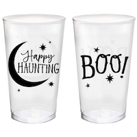 "Boo!" Plastic Reusable Plastic Tumbler Cups, Clear/Black, 16-oz, 10-pk, for Halloween Front_Elevated