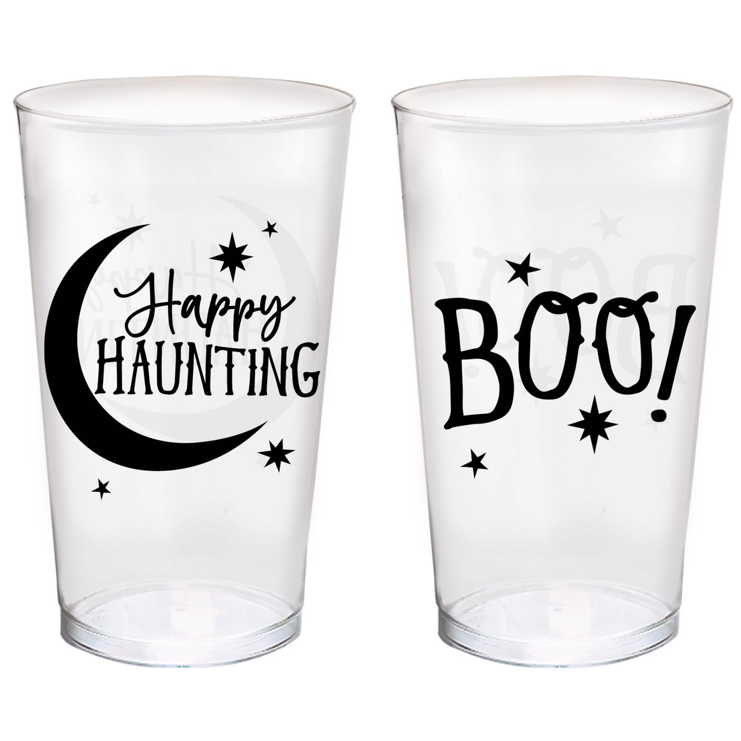 "Boo!" Plastic Reusable Plastic Tumbler Cups, Clear/Black, 16-oz, 20-pk, for Halloween Front_Elevated
