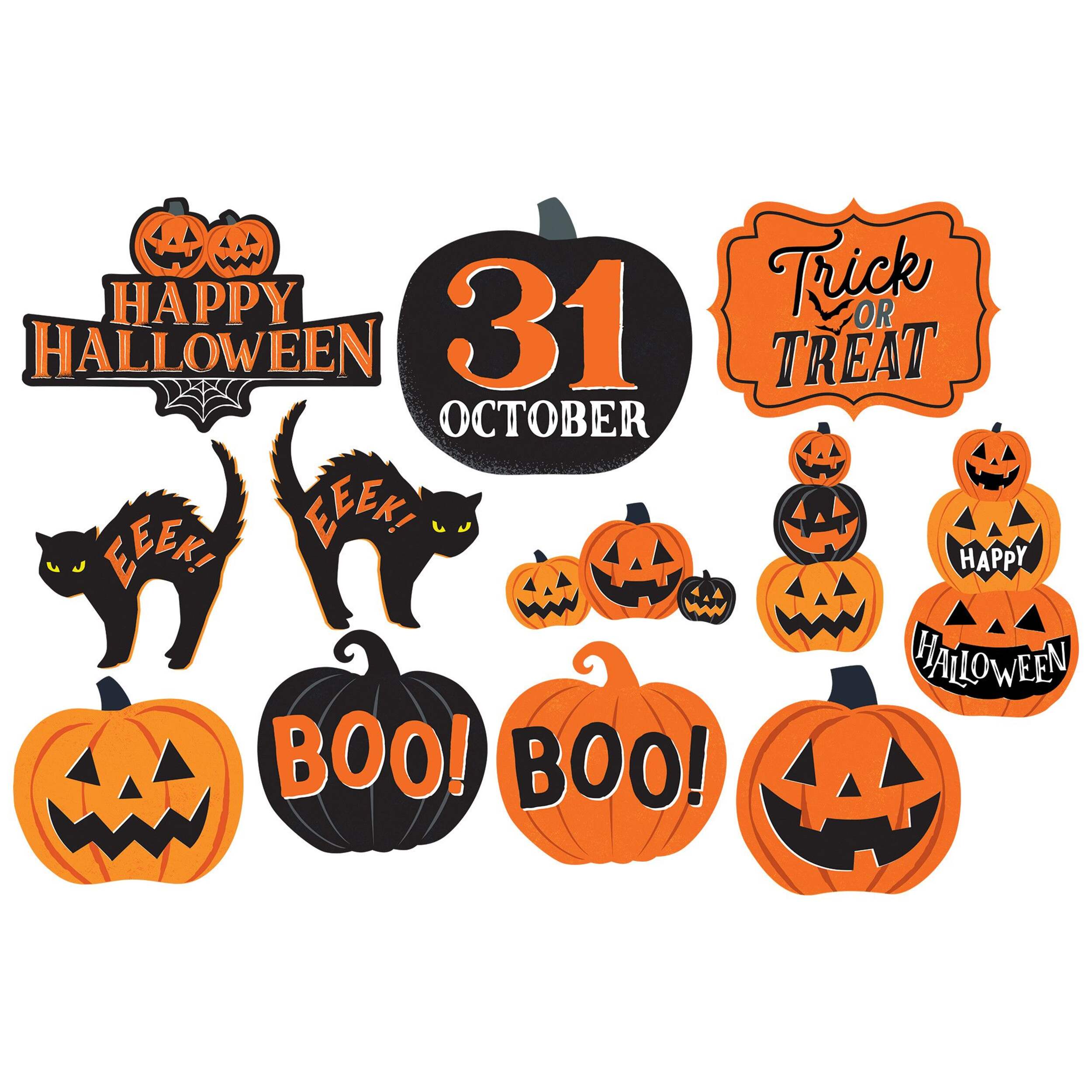 "Happy Halloween" Jack-O'-Lantern Paper Cutouts, Black/Orange, 3-in, 12-pk, Table Decoration for Halloween Front_Flat