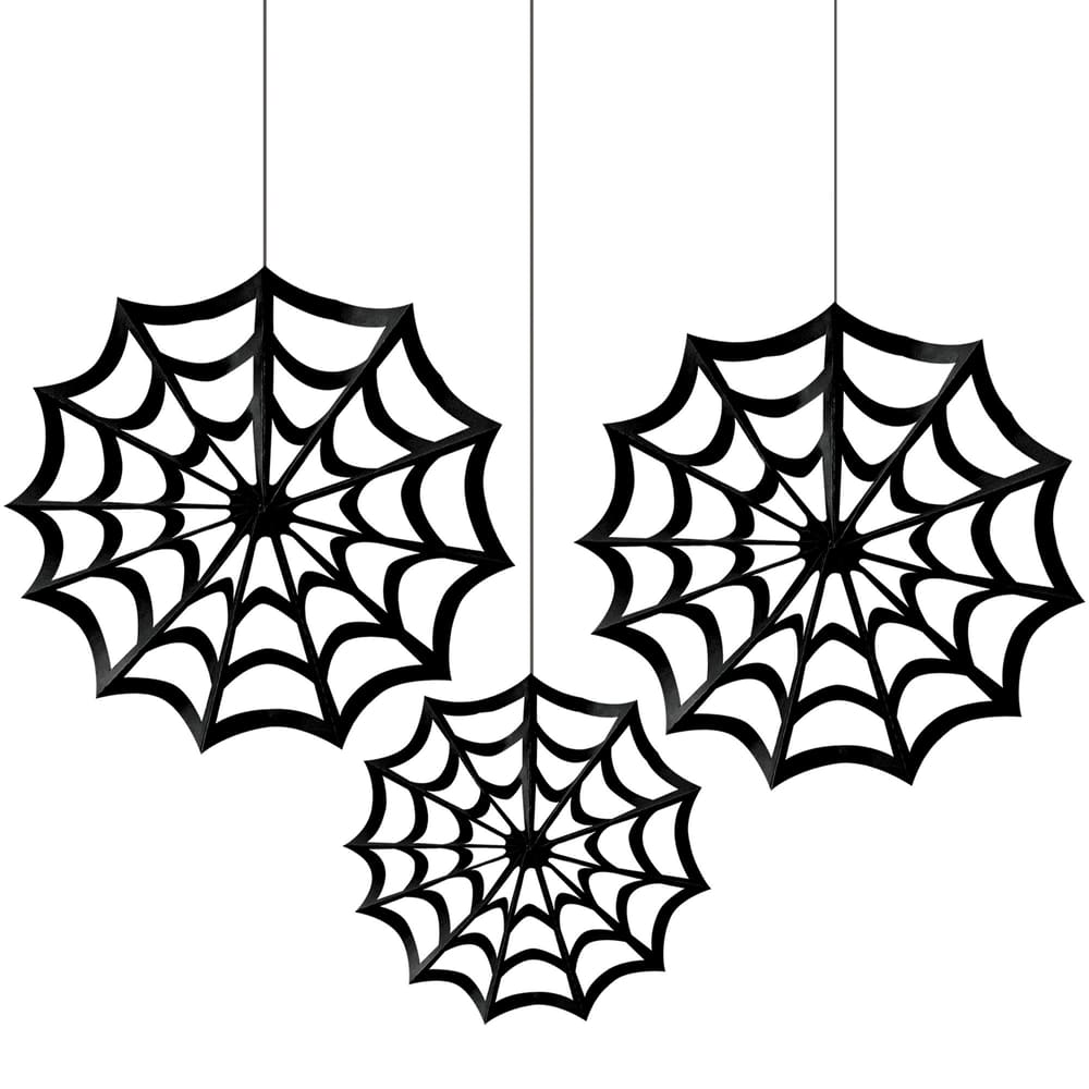 Spider Web Hanging Paper Fans, Black/White, 13 in, 3pk, Indoor