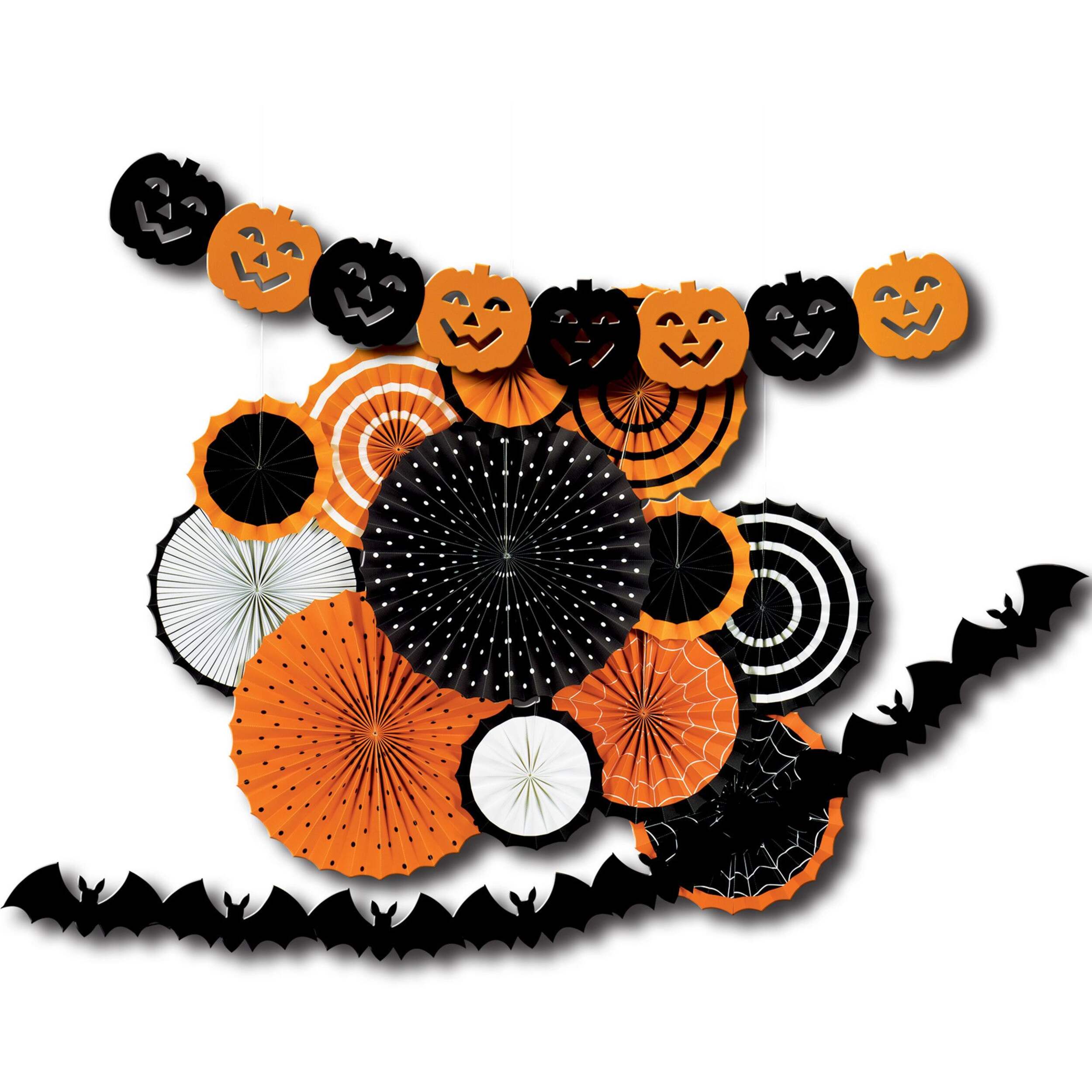 Jack-O'-Lantern Paper Fan Decorating Kit, Black/Orange, Indoor Decoration for Halloween Front_Flat