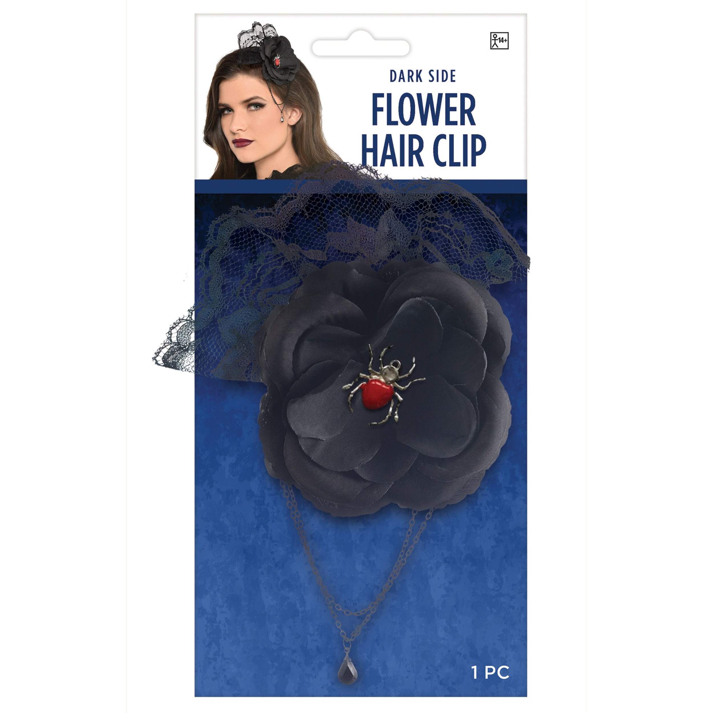 Gothic Flower Hair Clip with Metal Spider Front_Flat