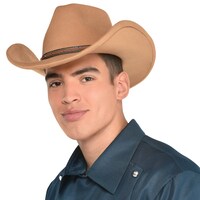 Western Turned-Up Side Cowboy Hat, Tan, One Size, Wearable Costume Accessory for Halloween Front_Angled_Left