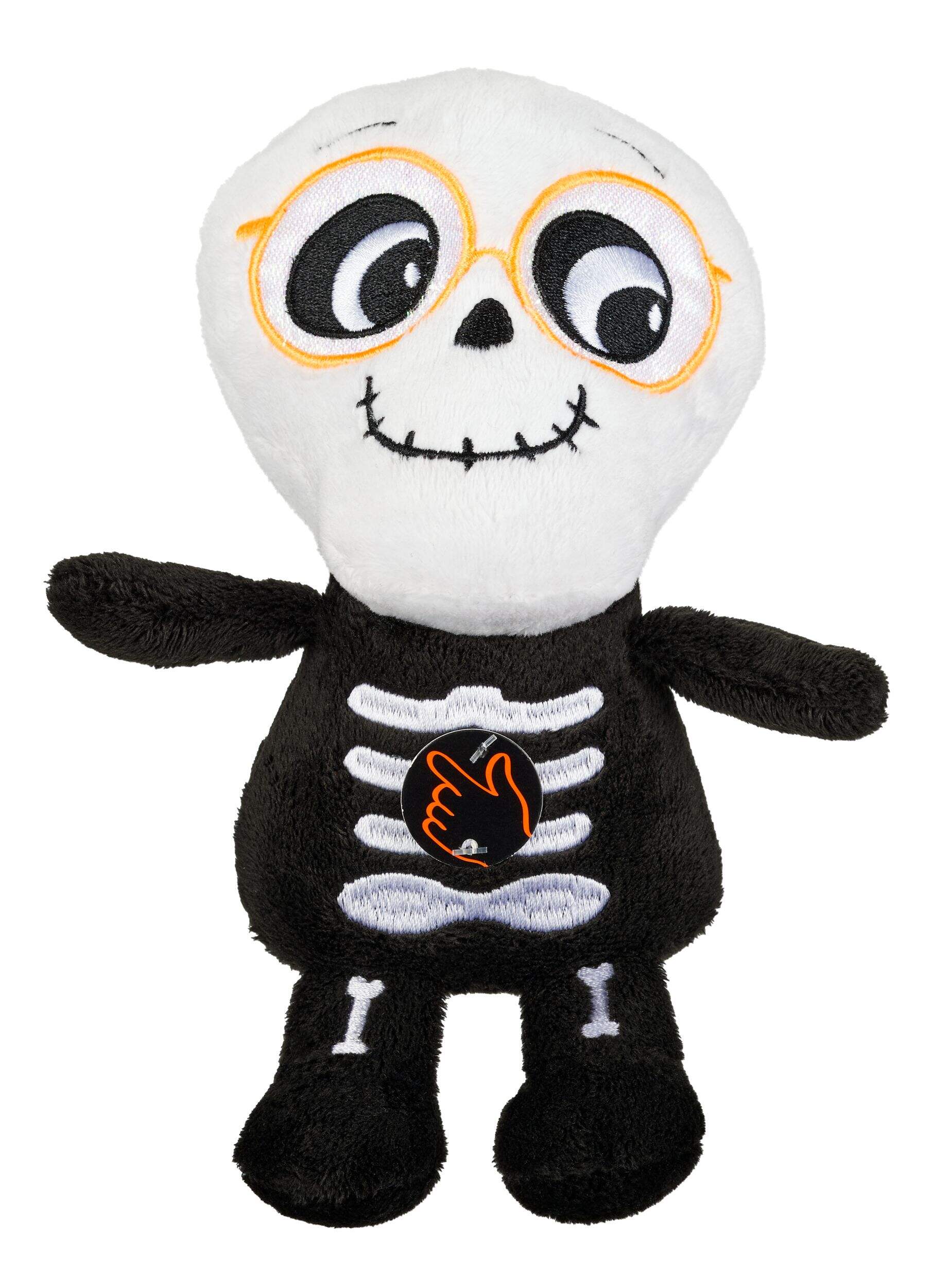For Living Skeleton Squeeze N'Talk Plush Favour Toy with Batteries, Black/White, 6-in, Sound Activated for Halloween Front_Flat