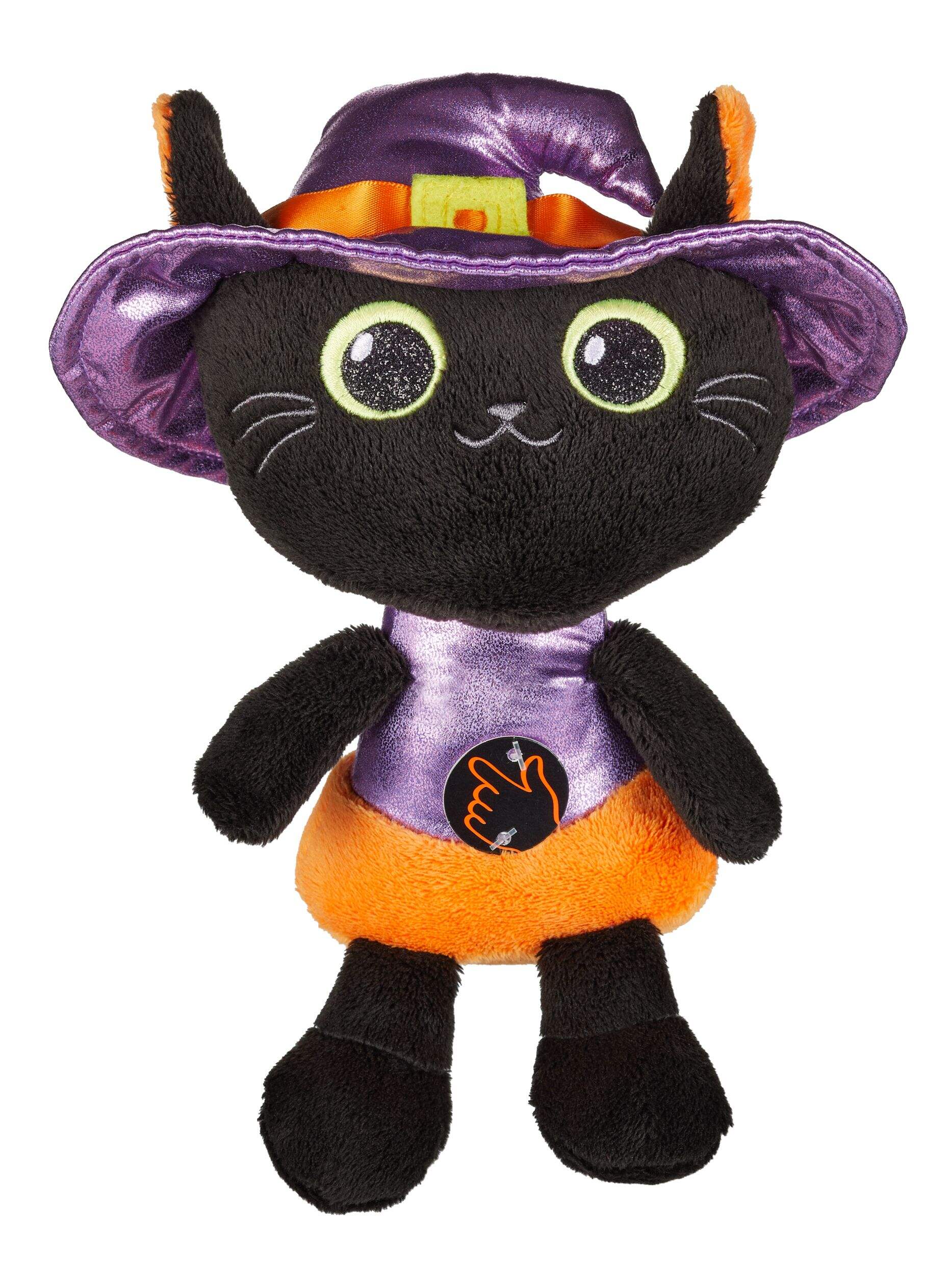 Jouet en peluche chat Squeeze N'Talk For Living à piles, noir/violet, 6 po, pour l'Halloween Front_Flat