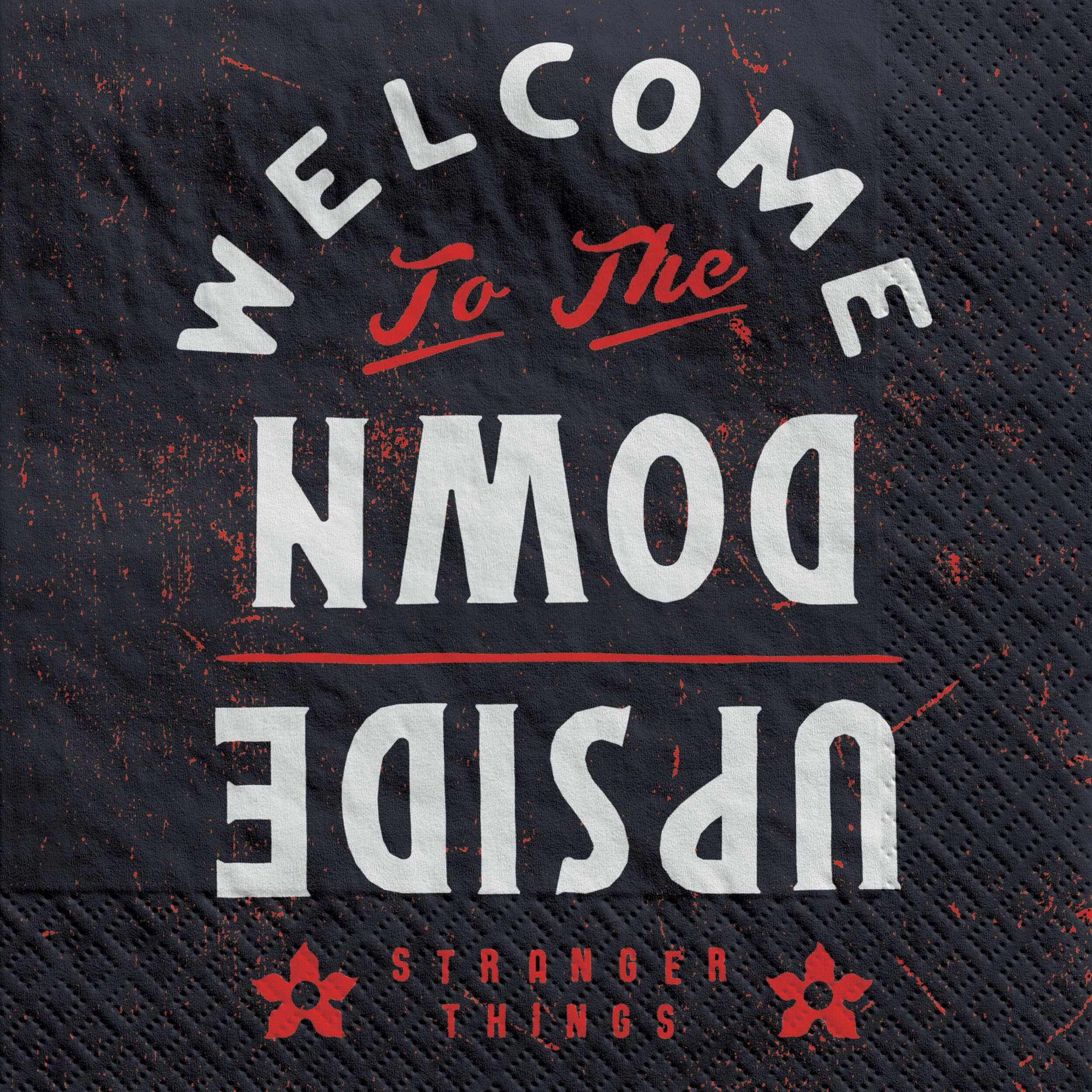 Serviettes de table en papier jetables Stranger Things Welcome to the Upside Down, noir/blanc, 6,5 po, paq. 16, 2 épaisseurs, décoration de table pour l'Halloween Overhead_Flat