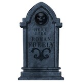 Pierre tombale Here Lies avec crâne, gris, 22 po, décoration extérieure pour l'Halloween Front_Flat