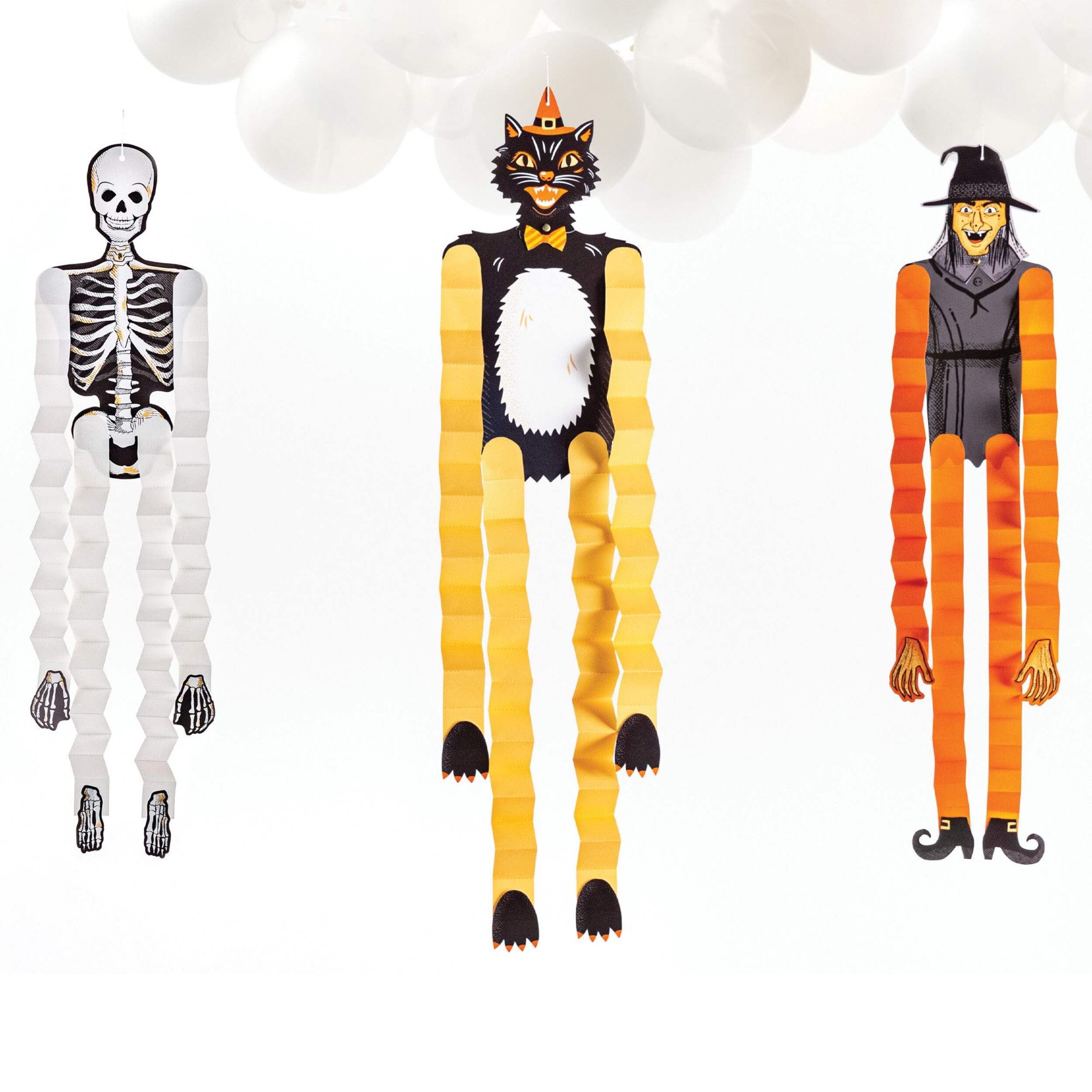 Vintage Halloween Skeleton/Cat/Witch Tissue Hanging Characters, Multi-Coloured, 12-in, 3-pk, Indoor Decoration for Halloween Front_Flat