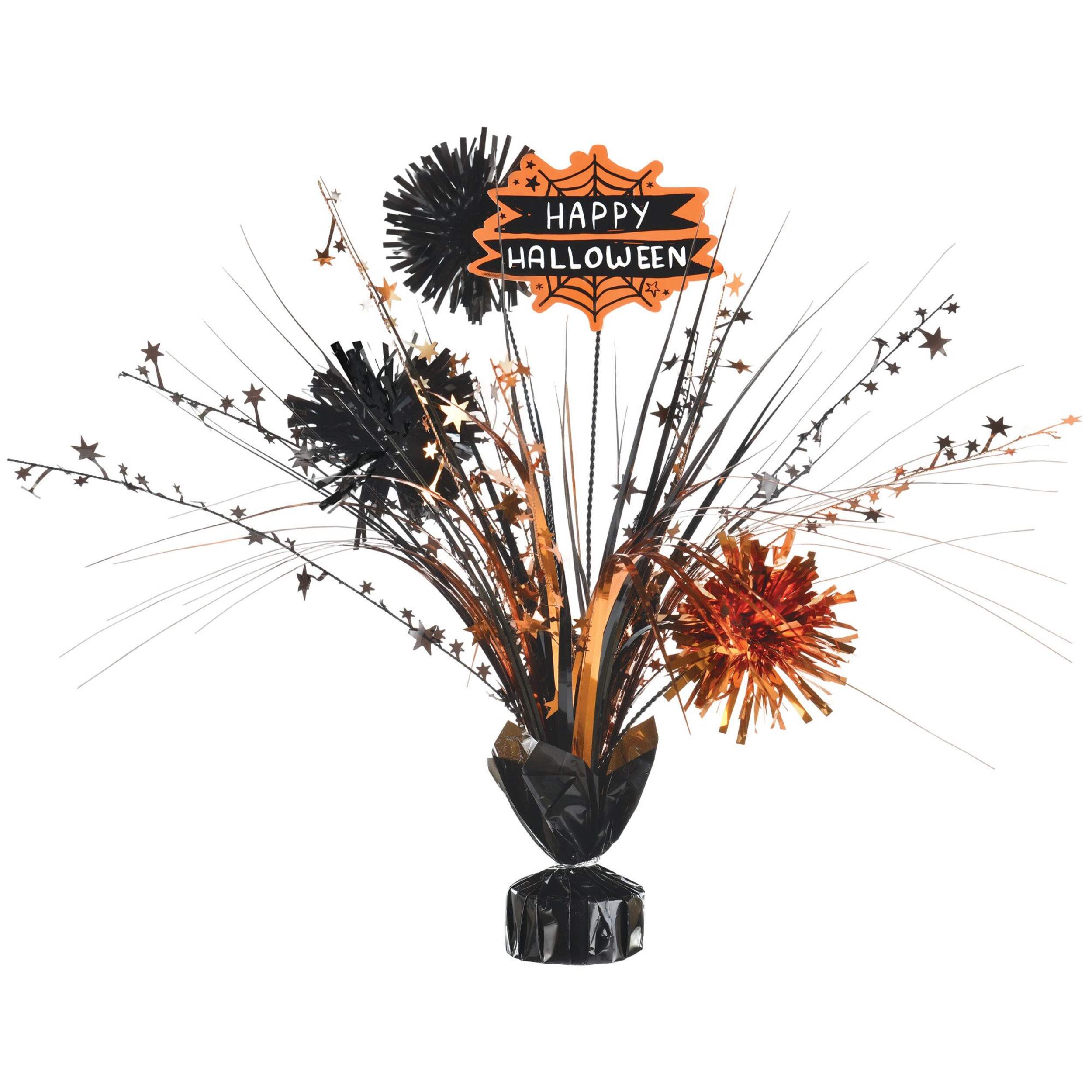 "Happy Halloween" Tinsel Spray Burst Table Centrepiece, Black/Orange, 18-in, Indoor Decoration for Halloween Front_Flat