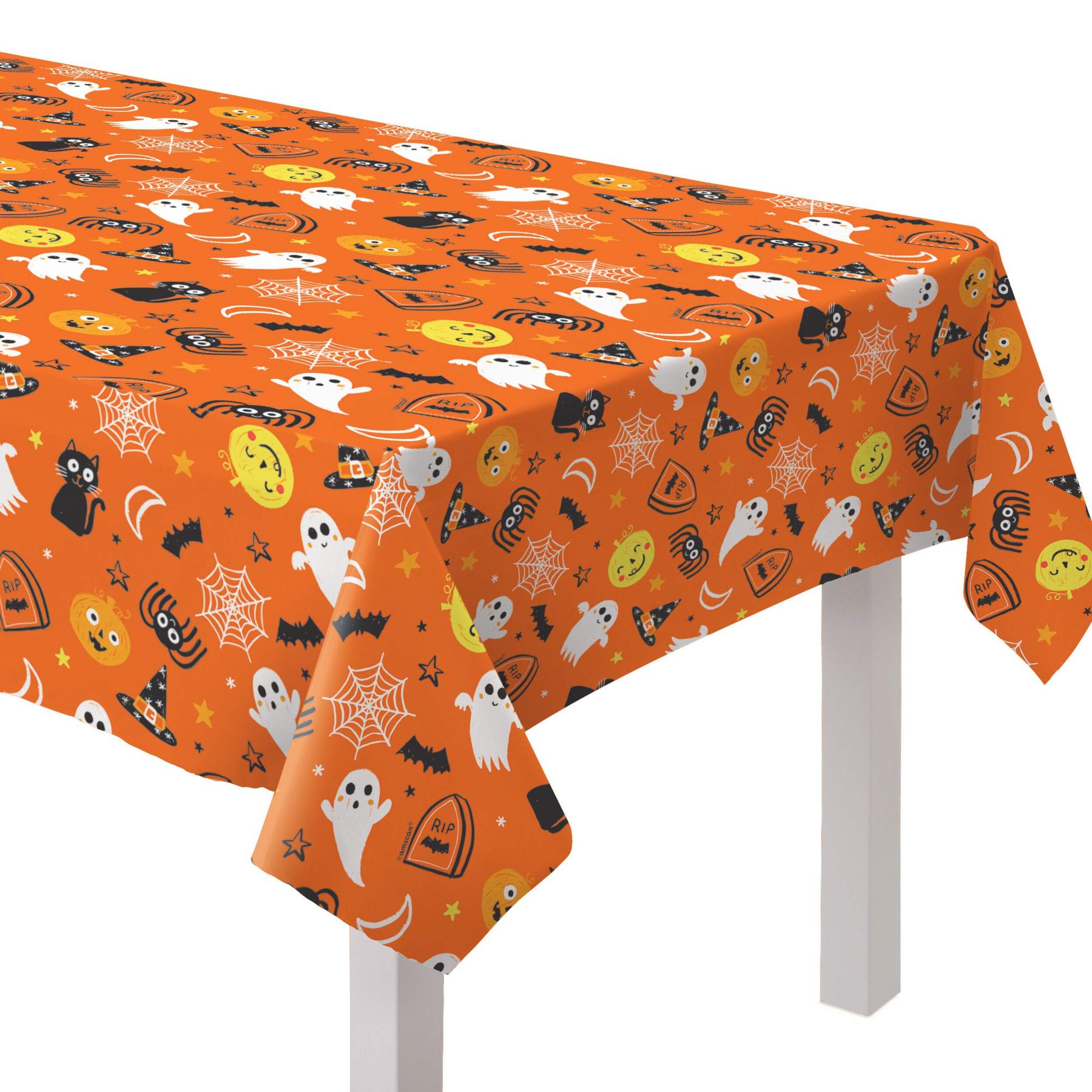 Vintage Halloween Jack-O'-Lantern/Ghost/Cat Rectangle Plastic Reusable Table Cover, Orange Multi-Coloured, 52-in x 90-in, for Halloween CloseUp